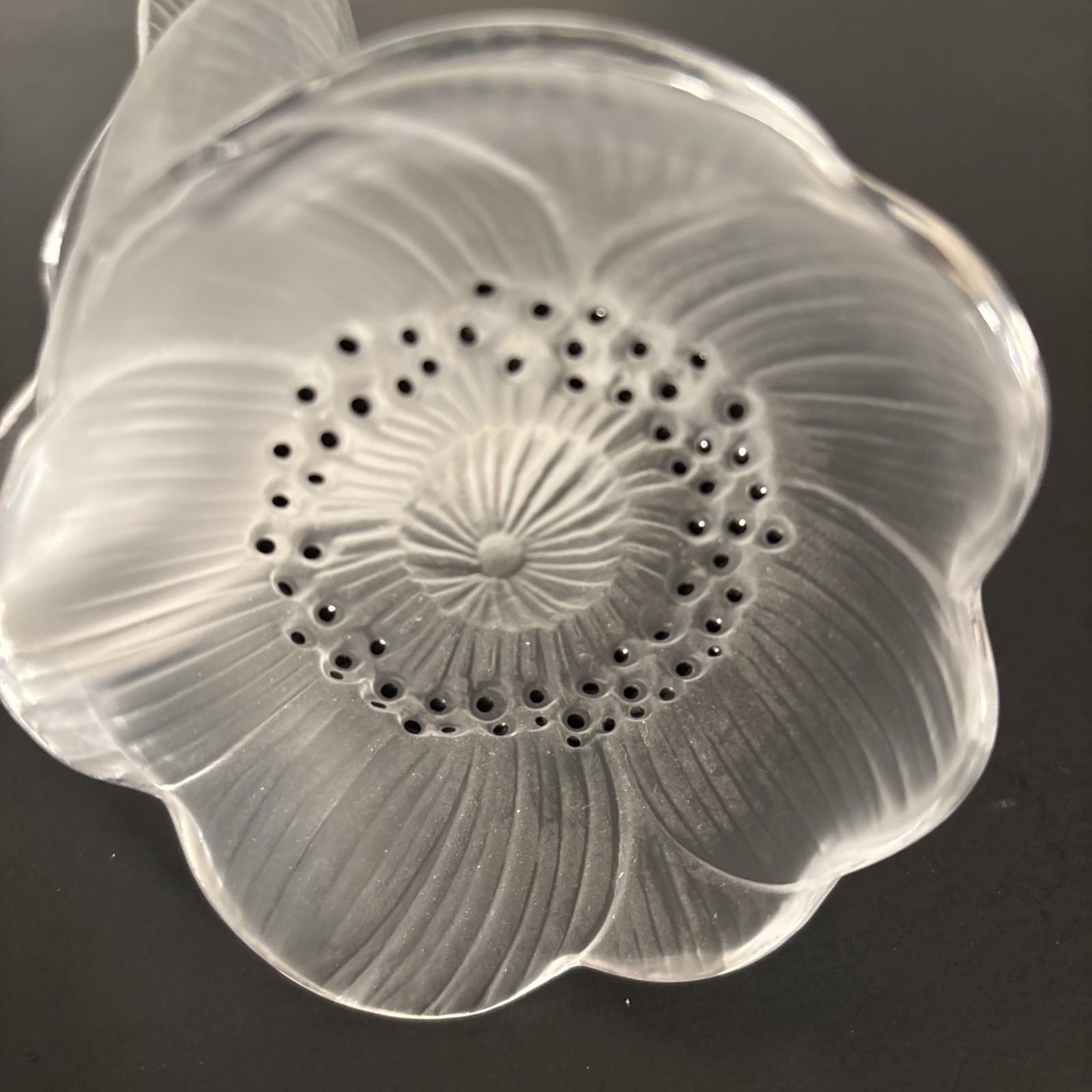 Lalique Crystal Anemone Double Flower Paperweight, Perfume Stopper Signed, 5″ T