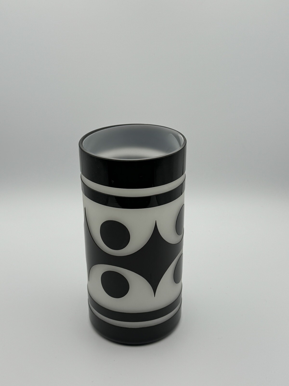 Czech European Black cut to clear white cased Op Art Cylinder Glass Vase