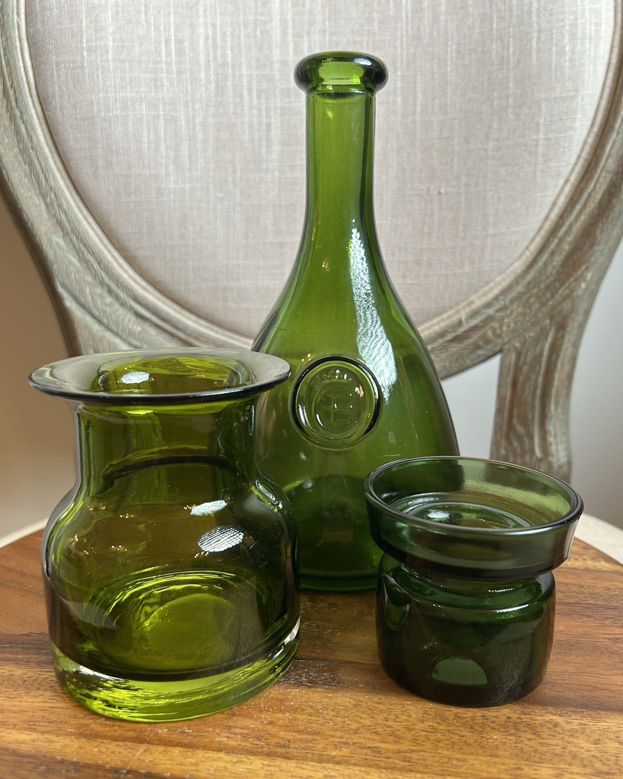 Dansk/Holmegaard (3)MCM Swedish Green Glass Vases/Candleholder READ
