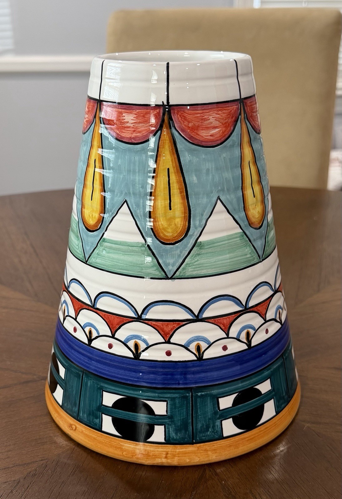 Rare – John Okulick Vase – Deruta Italy – Multi Color Cone Shaped Vase