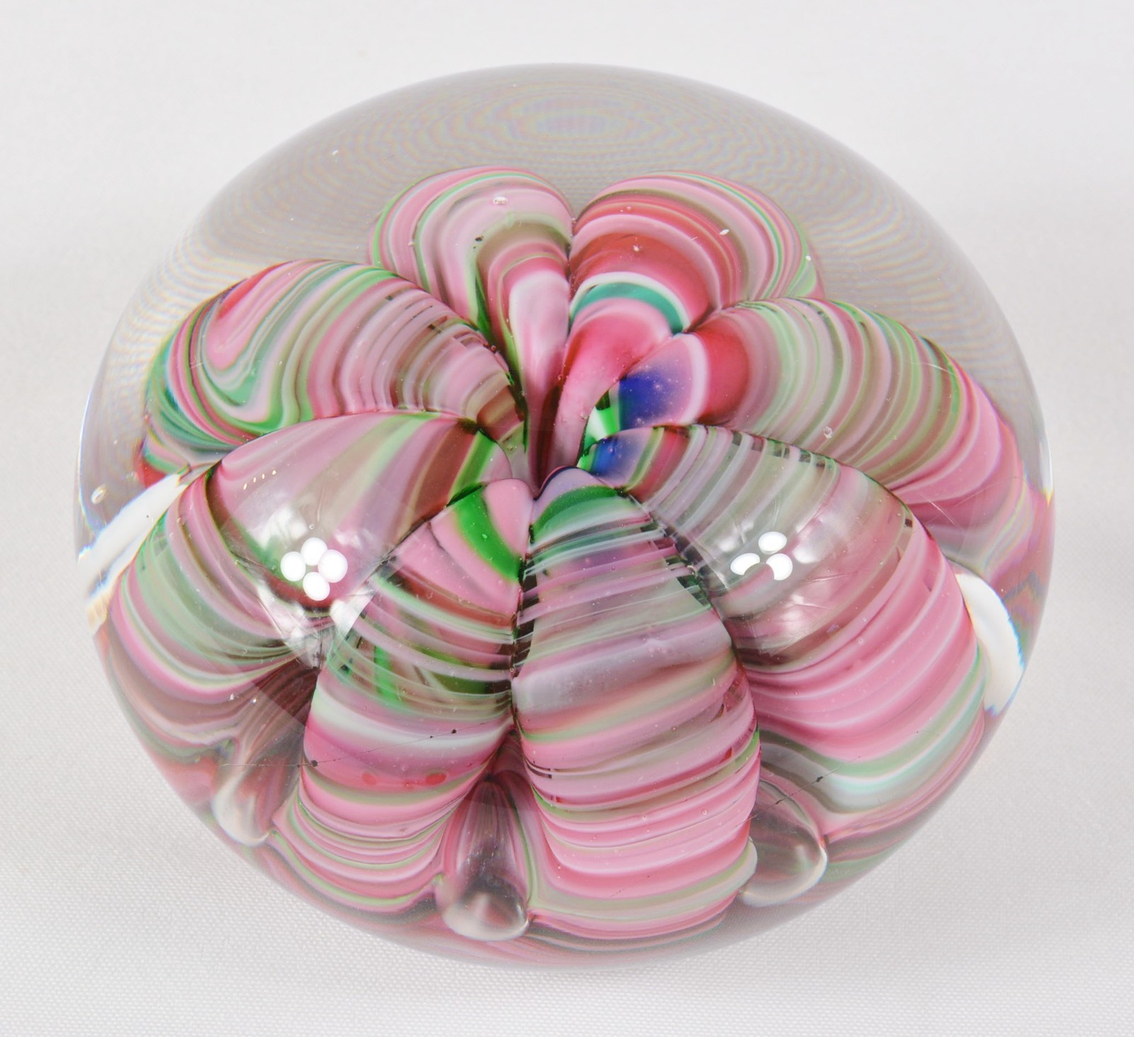 Vtg Joe St Clair Large Ribbon Crimp Glass Paperweight Pink Green Swirl Bubbles