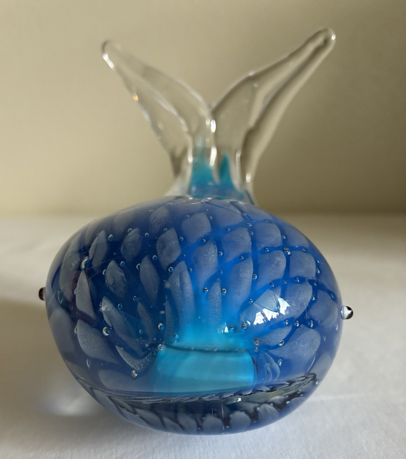 Murano Style Blown Art Glass Whale Lite Blue & Clear Paperweight Figurine 5″