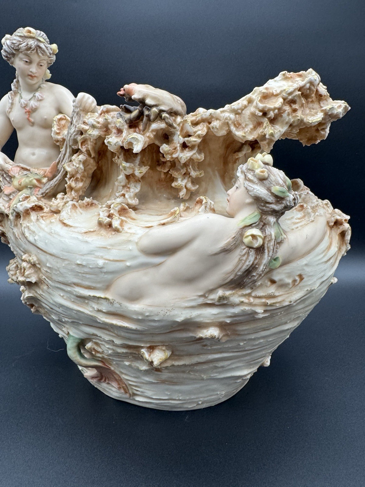 Antique Royal Dux Vase, Maiden / Mermaids with Sea Creatures, 12”L