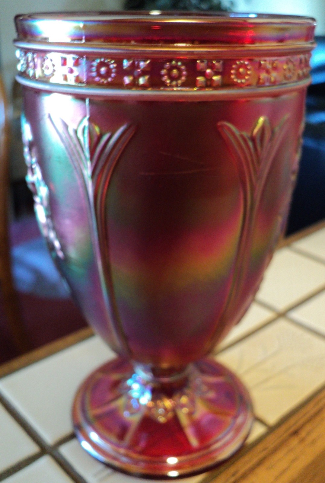 FENTON RED IRIDESCENT DANCING LADIES VASE / WINE ART GLASS VINTAGE BEAUTY