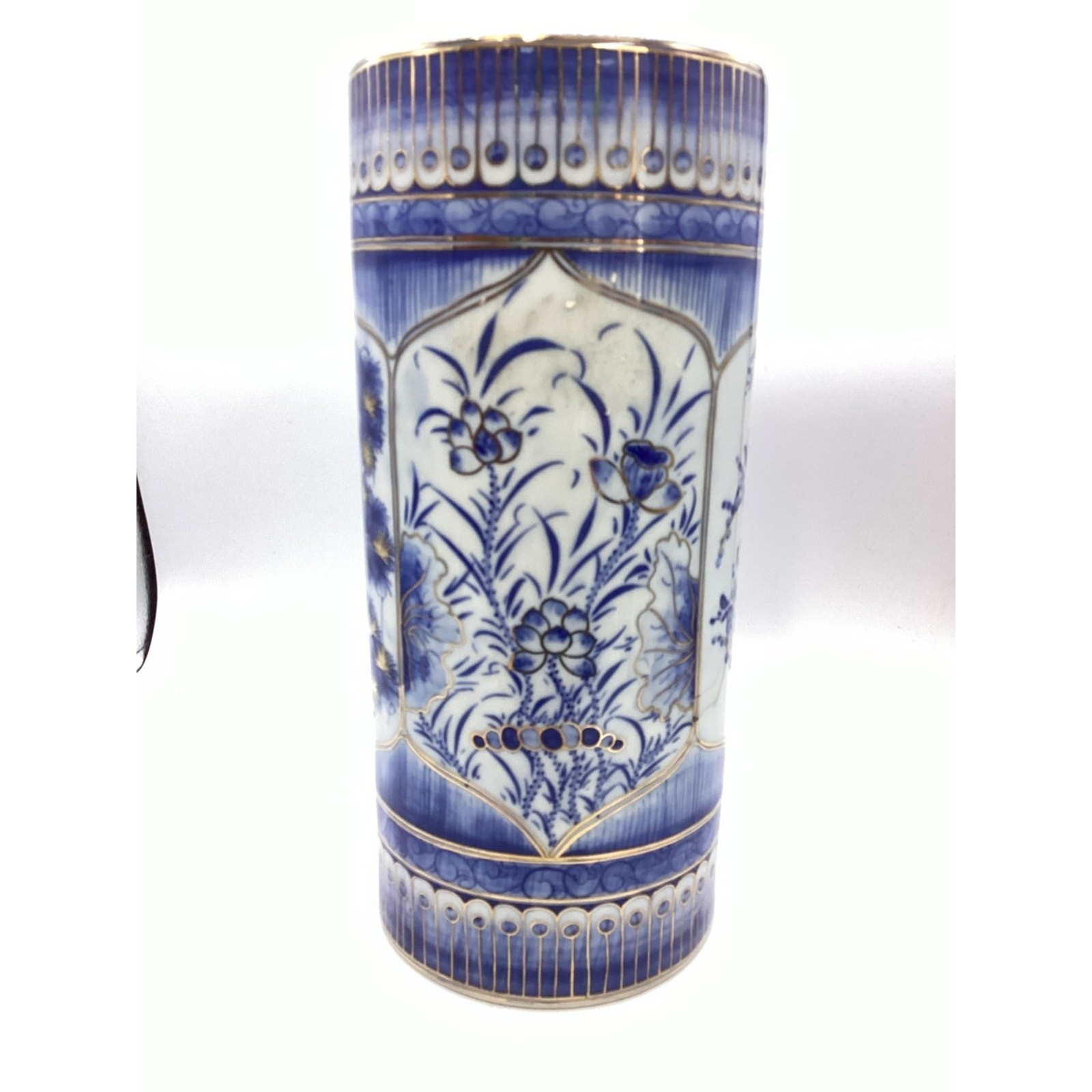 Vintage Chinese Blue, White and Gold Hand Painted Brush Pot