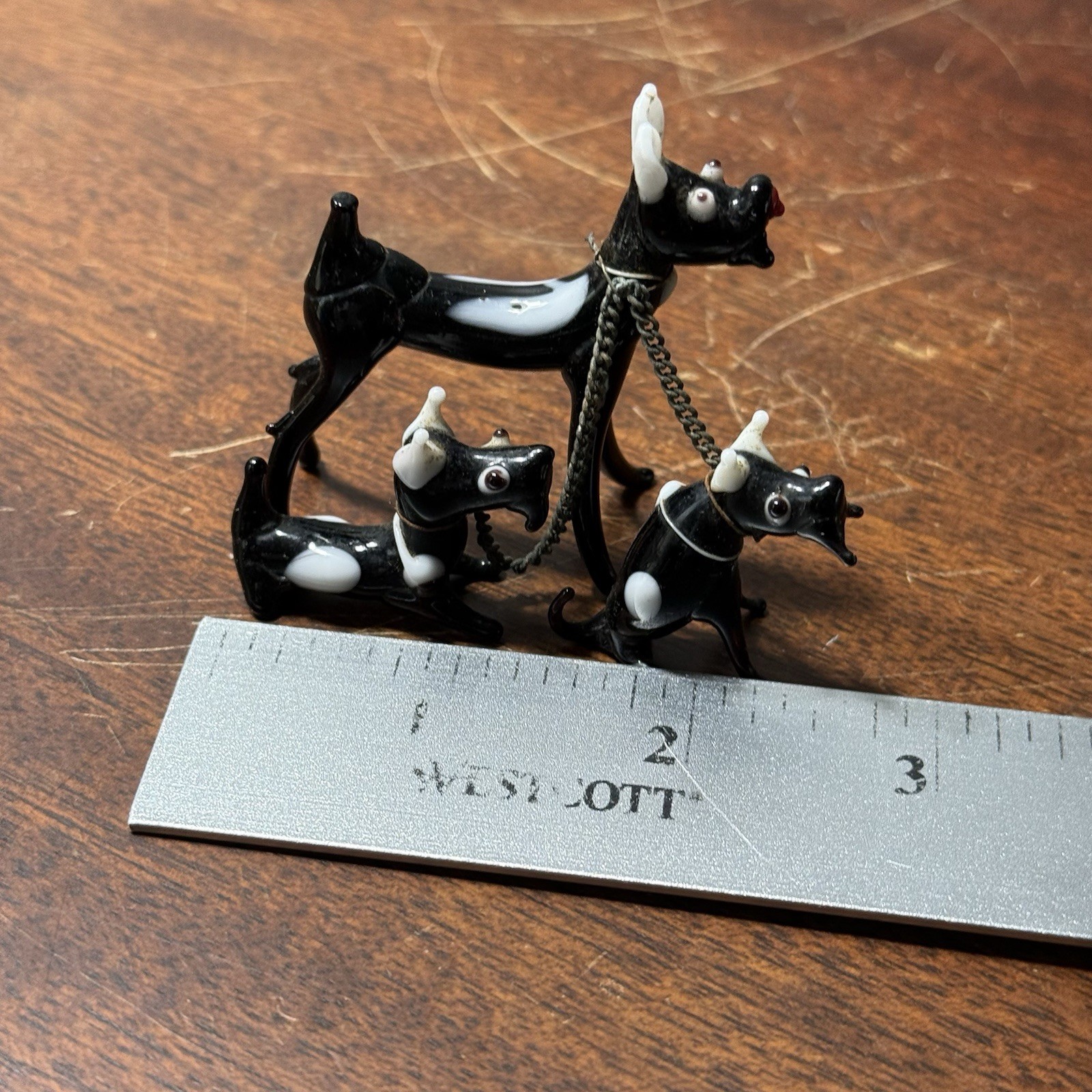 Vintage Miniature Black White Lampwork Glass Puppy Dog Figurine 3 Chained