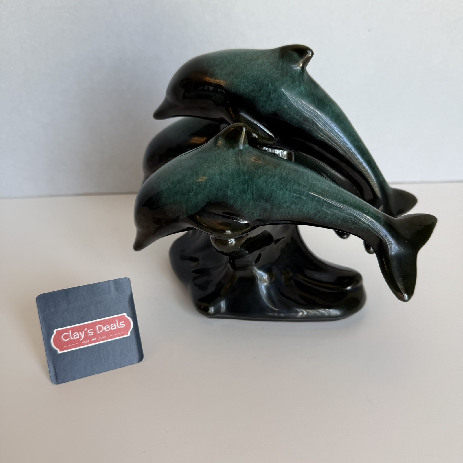 Blue Mountain Pottery 3 Dolphin Figurine Black Turquoise Glaze Rare MCM Canada