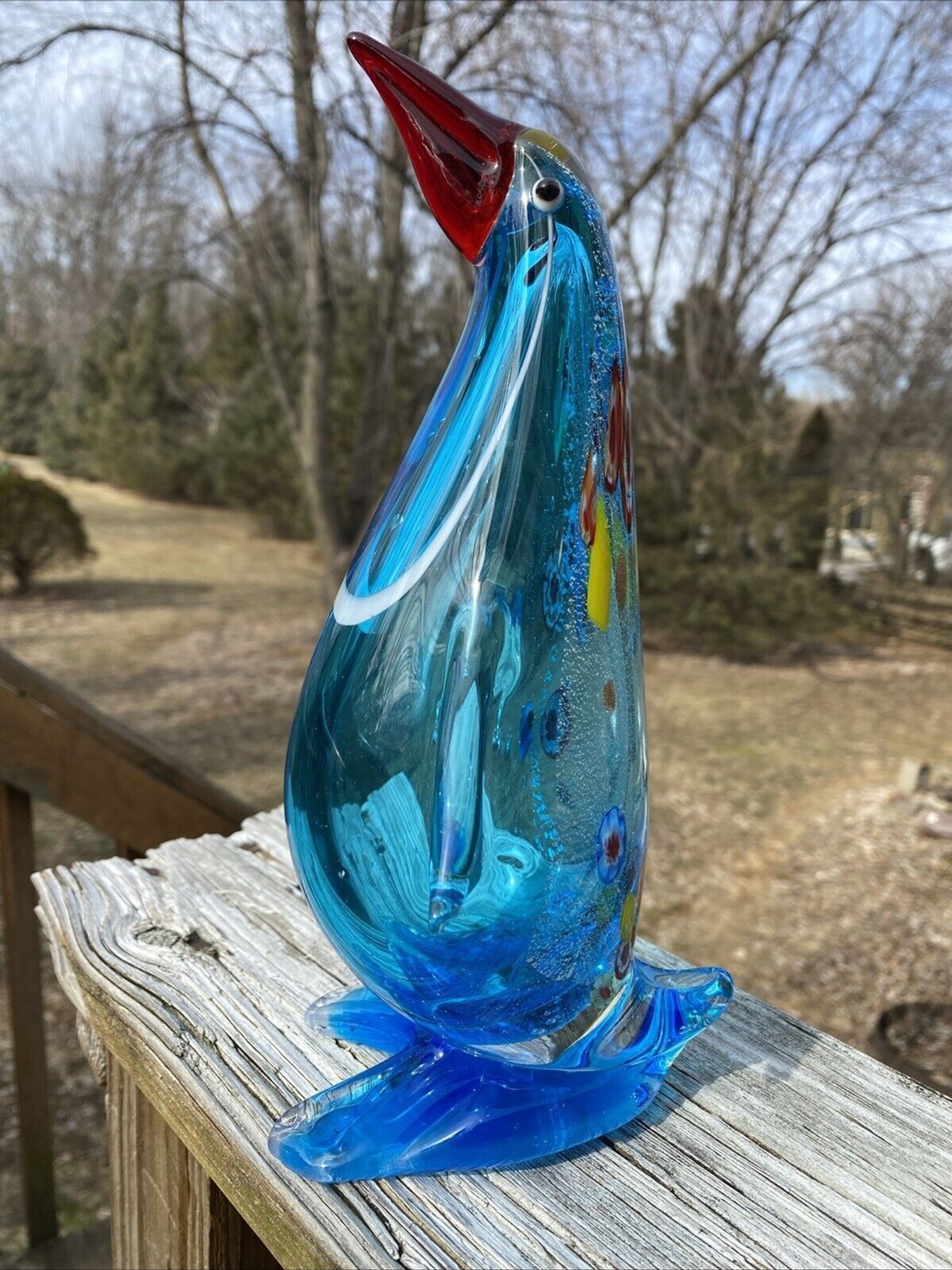 Pier 1? Art Glass Penquin Figurine Millefore Beautiful Blue 10”x 6”