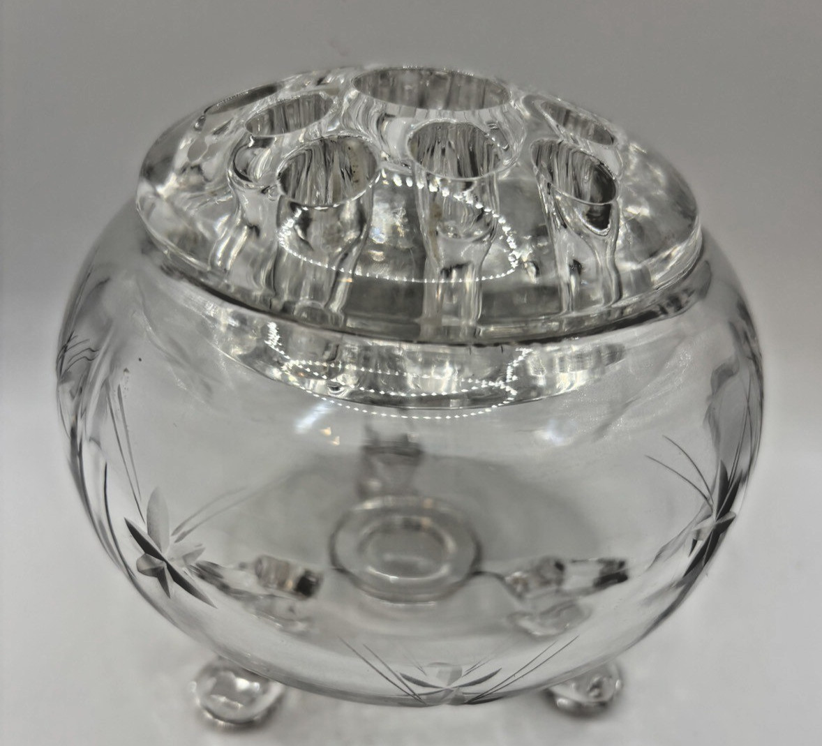VINTAGE GLASS ETCHED FLOWER FROG VASE/BOWL 3 FOOTED HEAVY FLOWER FROG MCM-2 PCS