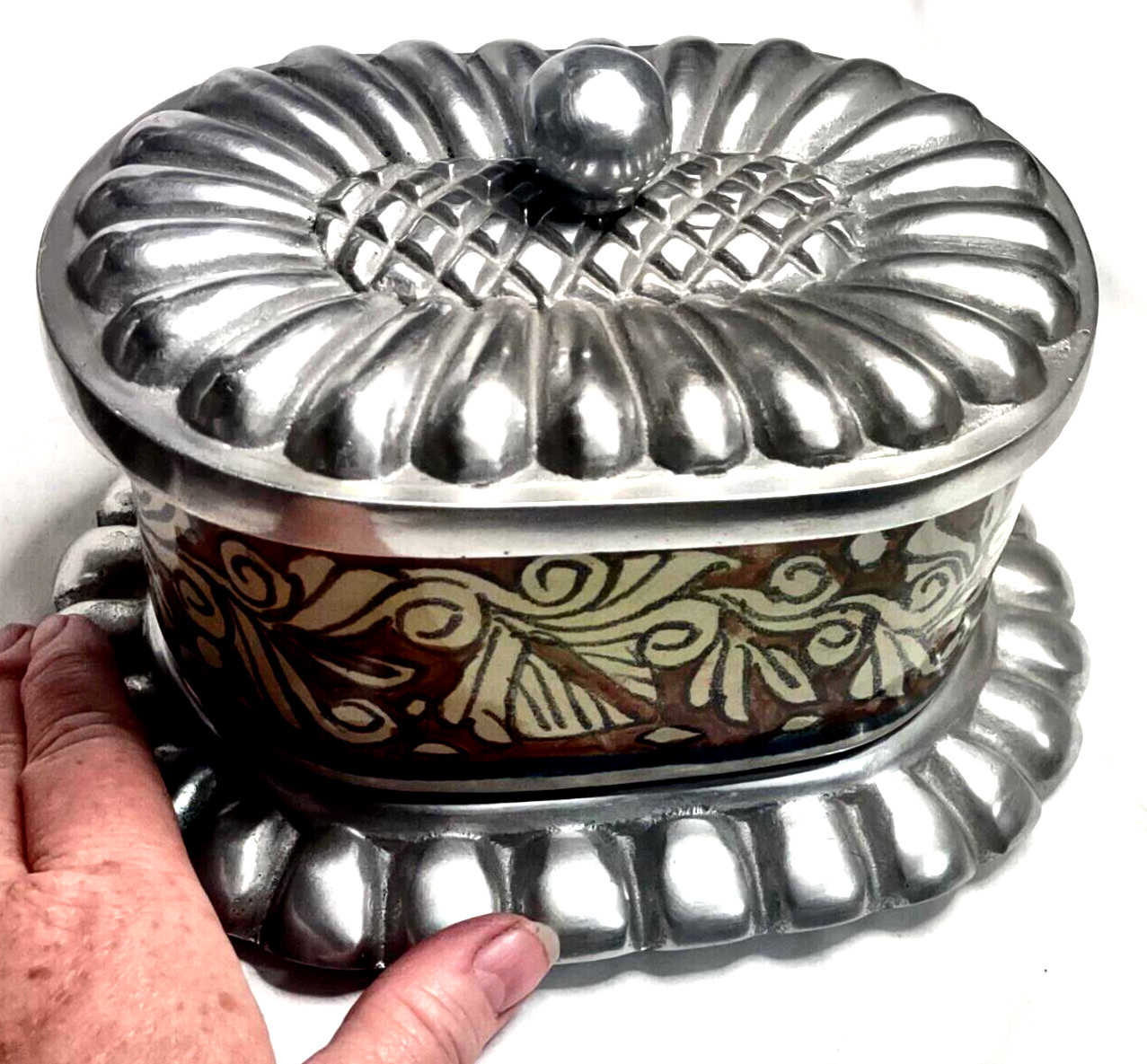 VTG Ceramic Decorative Server Casket Shape Aluminum Lid & Base Mexico Signed