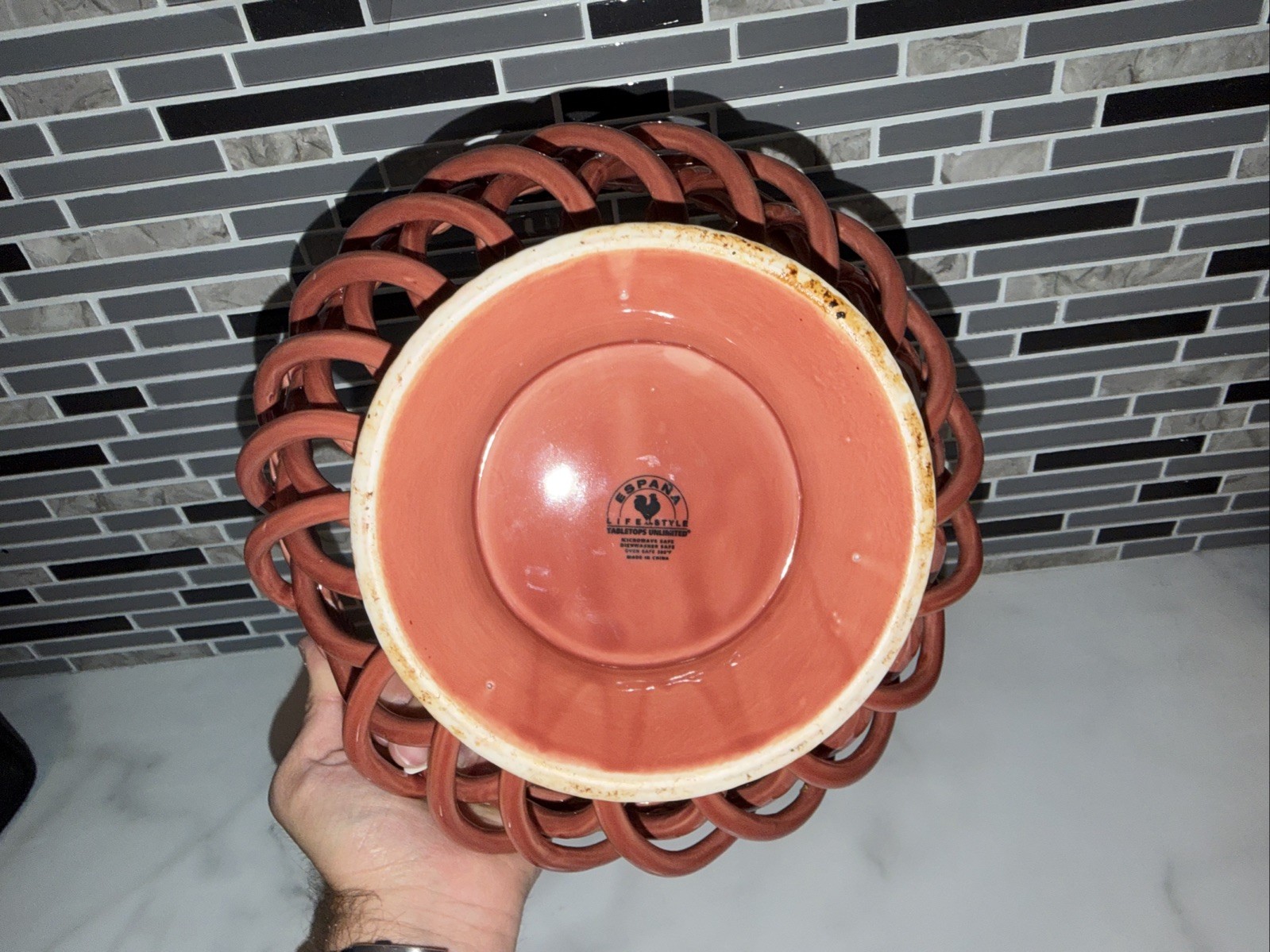Espana Bread Basket Bowl Lattice Woven PINK Ceramic Lifestyle LARGE 10″