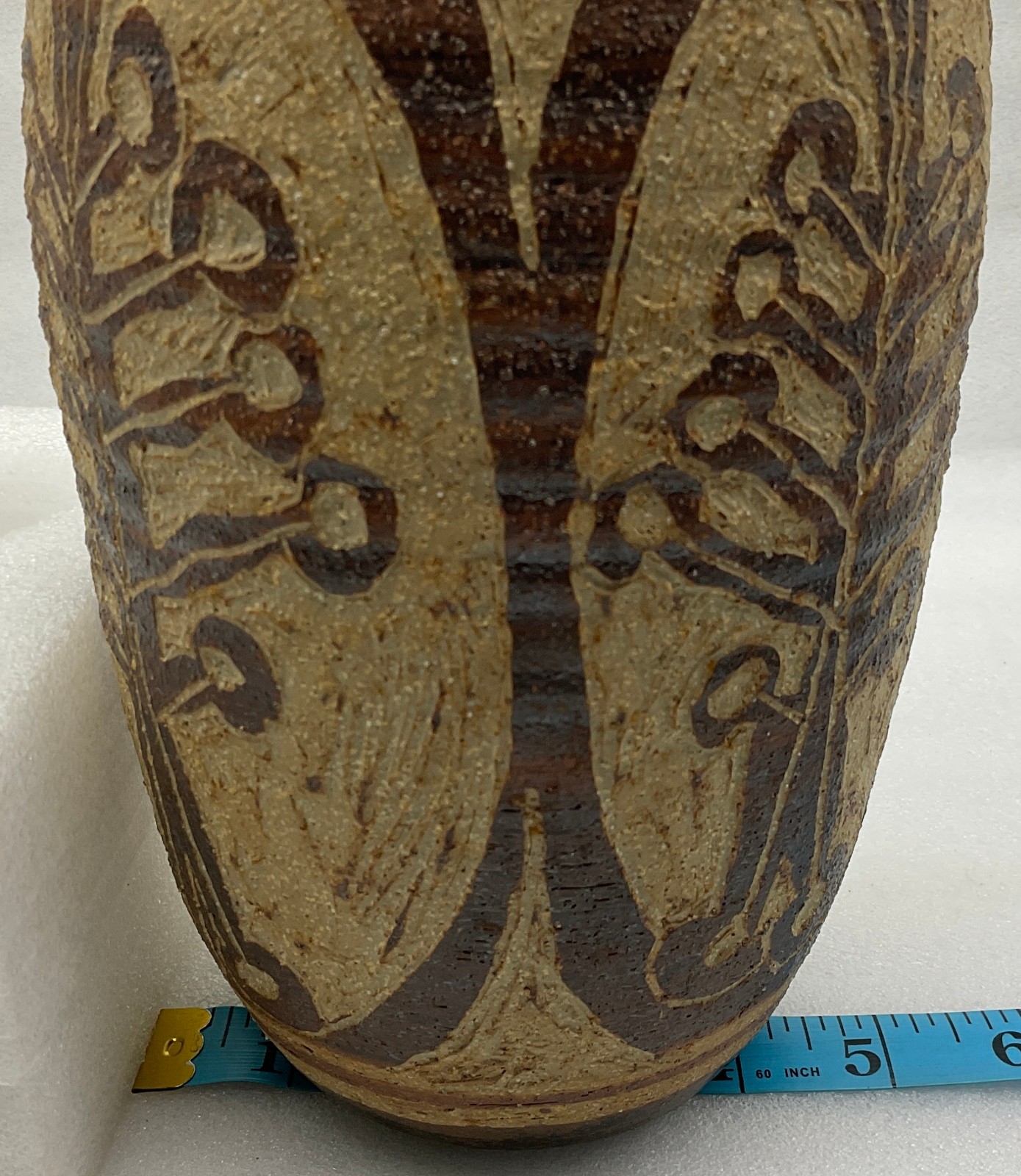 Vintage Art Pottery Brown Textured Vase Signed Christine 10-1/4″ H