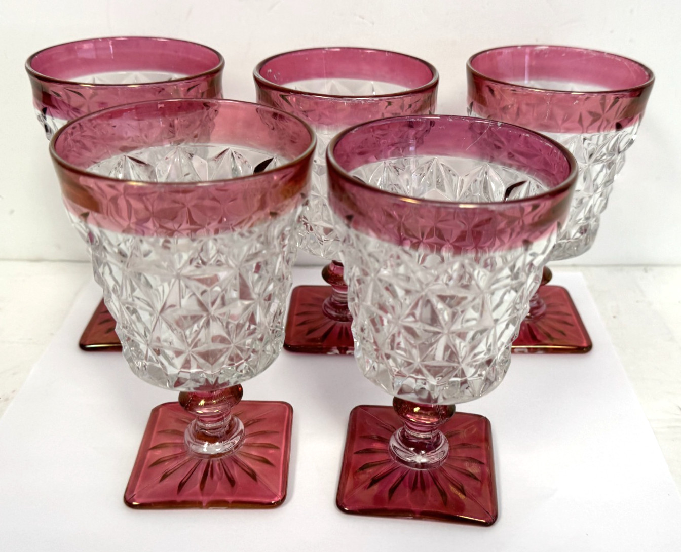 x5 LOT Vtg Indiana Glass Diamond Point Footed Goblets w/Cranberry Flash.