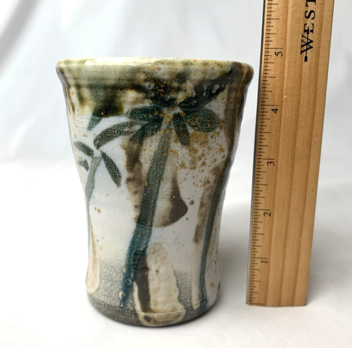 Studio Art Pottery Tumbler Vase Green Trees Leaves Nature Signed 4.75 inches