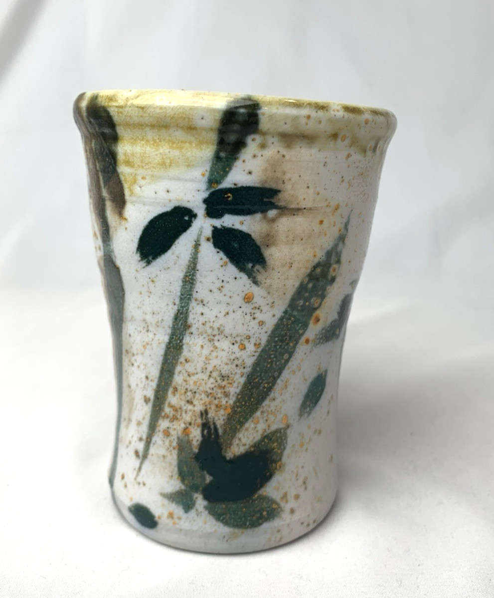 Studio Art Pottery Tumbler Vase Green Trees Leaves Nature Signed 4.75 inches
