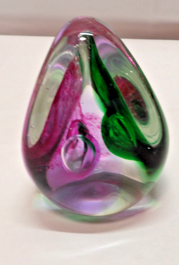 Tear-Drop Shaped Multi-Colored Green Pink Purple Clear Art Glass Paperweight