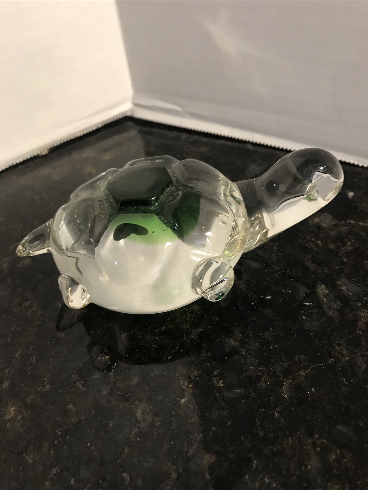 Glass Sea Turtle Paper Weight 5”Inches long 3 1/2” Wide Clear & green Body Good