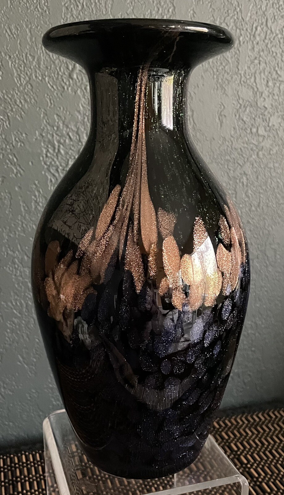 VTG 1990’s Dale Tiffany Mardi Gras Favrile Vase Black Glass W/ Gold Purple
