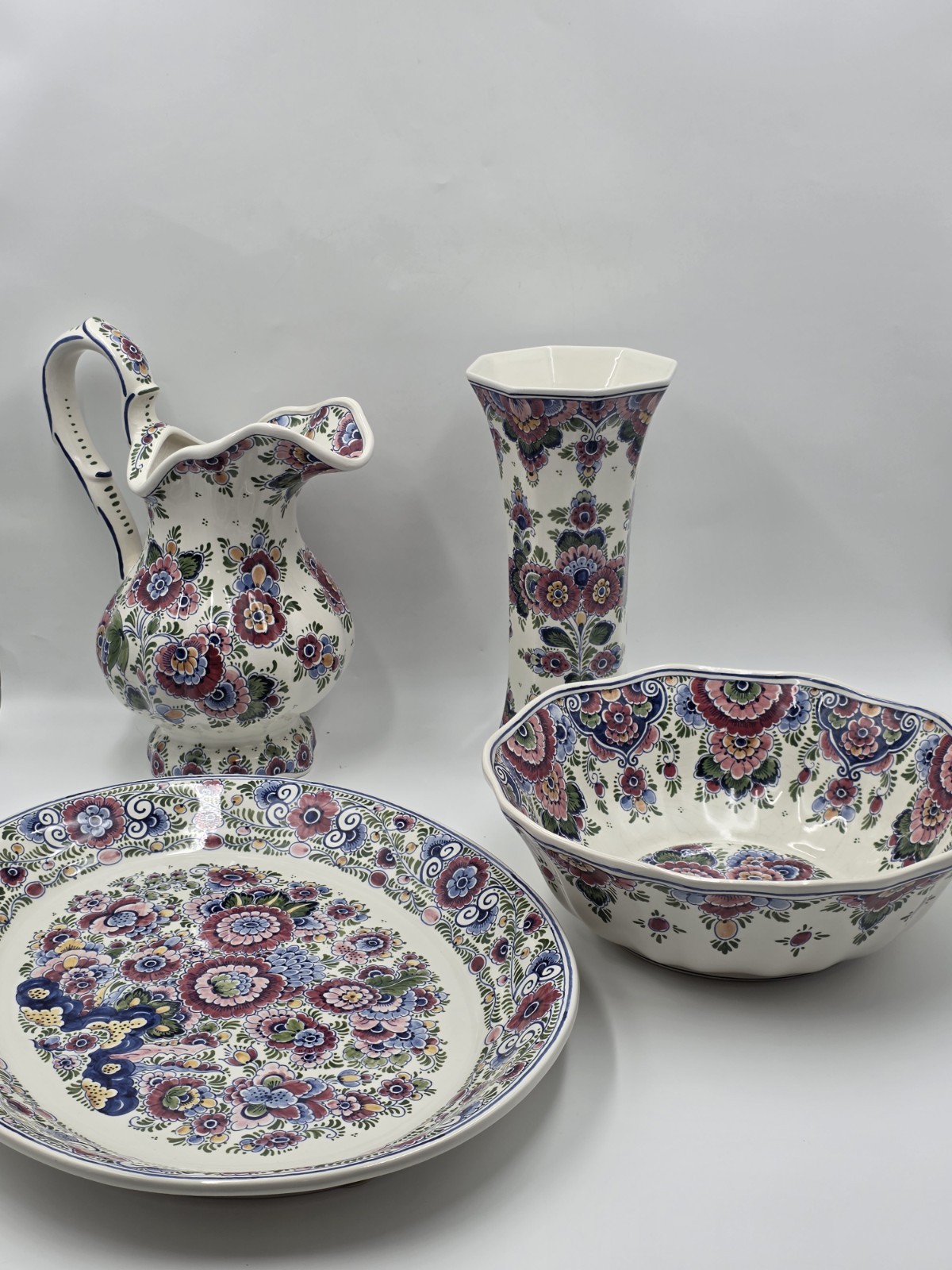 Rare Signed Vintage Delft Holland Hand Painted Polychrome Pottery Set