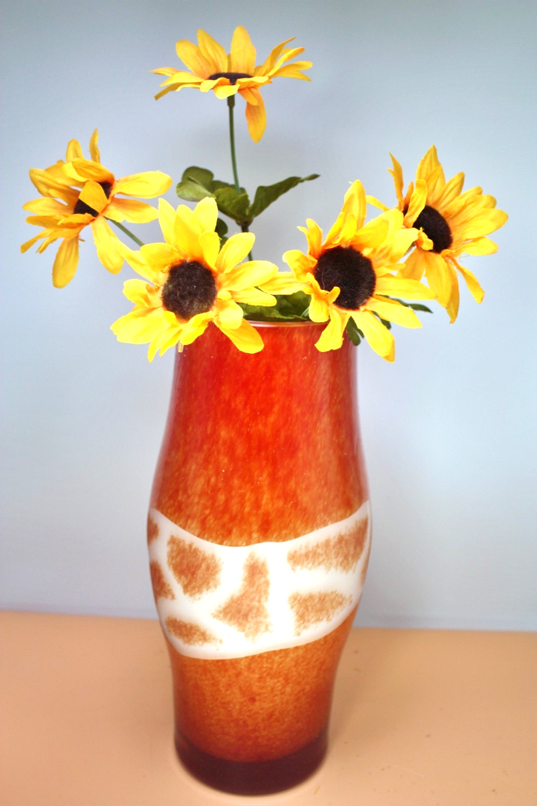 Vintage Mint Orange Giraffe Pattern 12″ Blown glass Vase Made In Poland