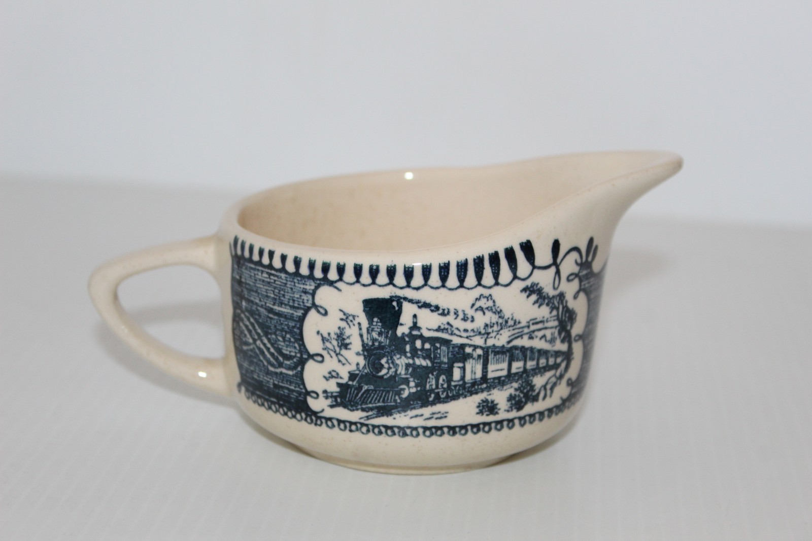 Vintage Ceramic Creamer Gravy Boat Train Locomotive Scene Blue White Farmhouse