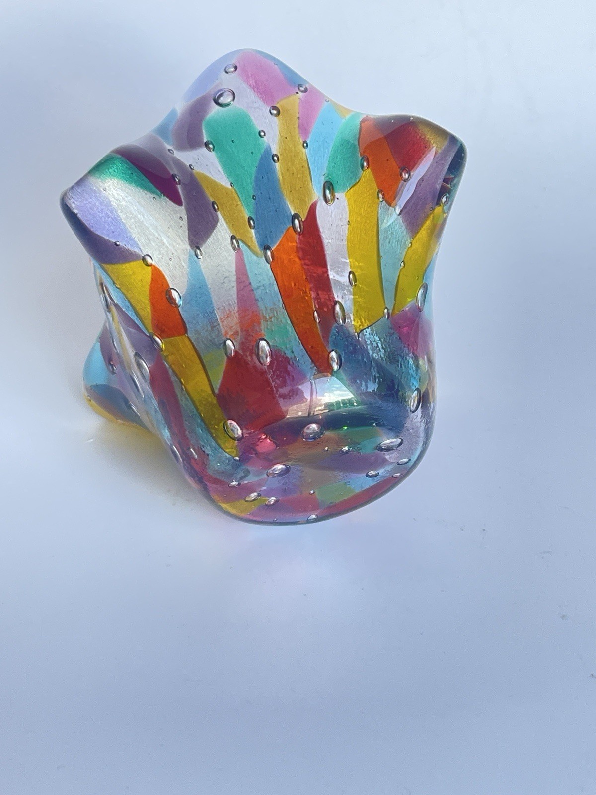 Vintage Art Glass Handkerchief Vase Fused Bubble Multi-colored Candle Votive