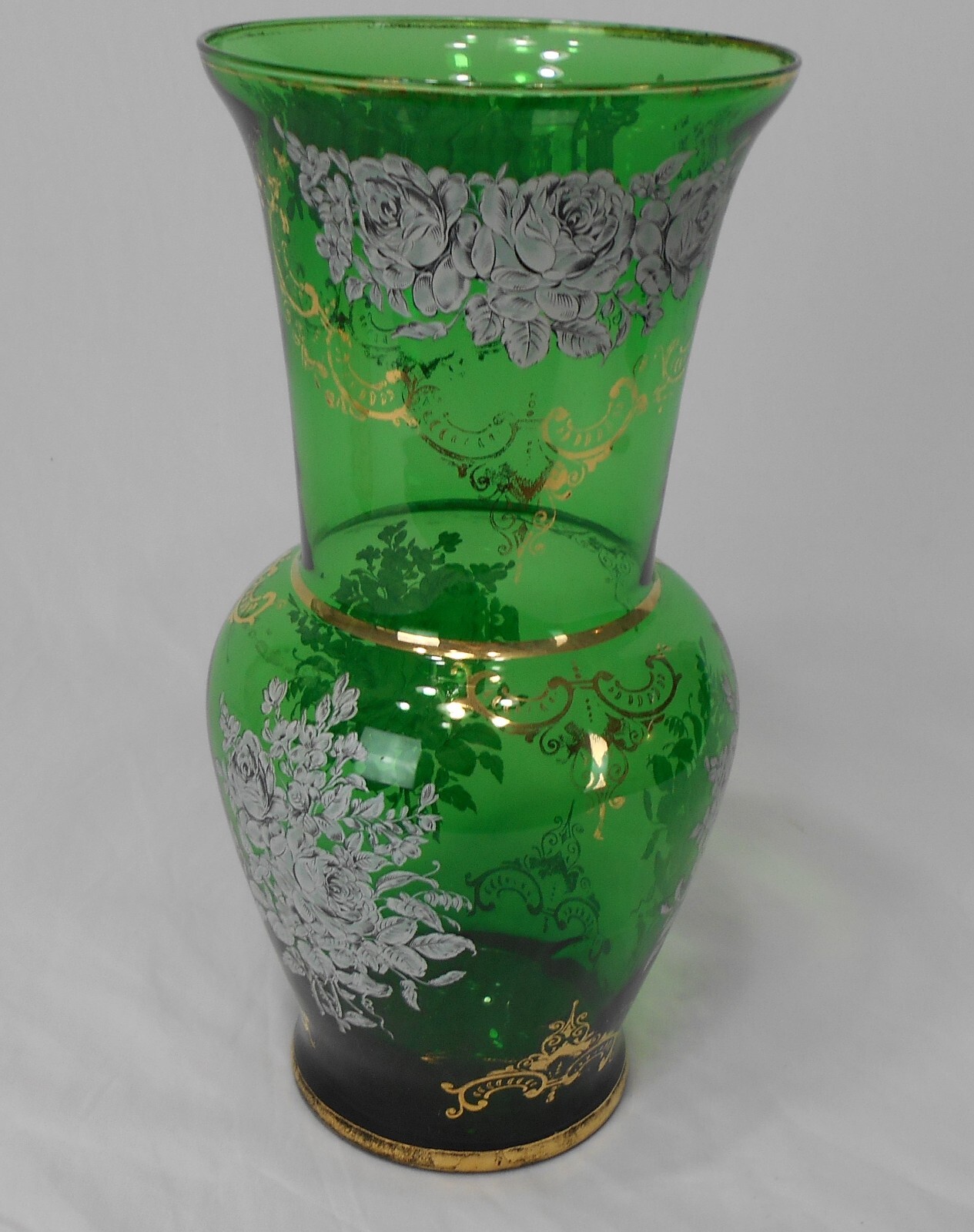 Emerald green & Gold classic Bohemian vintage Hand painted roses Vase 13.5 “