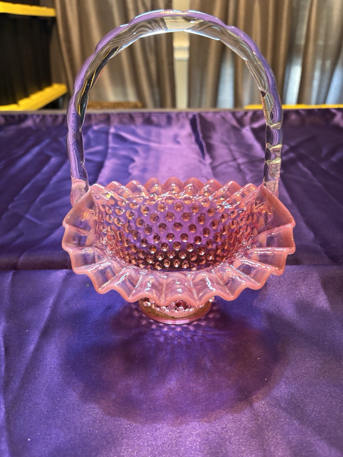 Vintage Fenton Cranberry Opalescent Hobnail Basket Ruffled Crimped Edge Handle