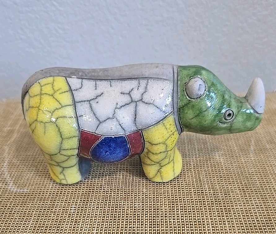 South Africa Colorful Block Rhinoceros Raku Studio Pottery Figurine