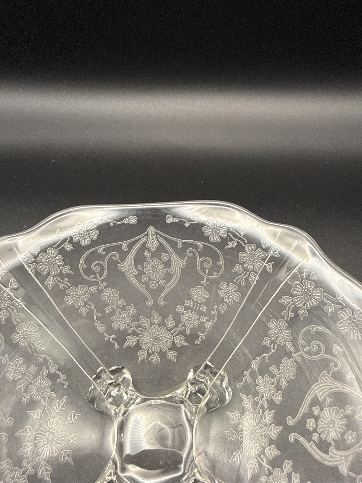 Cambridge Vintage Set- 2 Glass “Keyhole” Candlestick Holders & Bowl Diane Etched