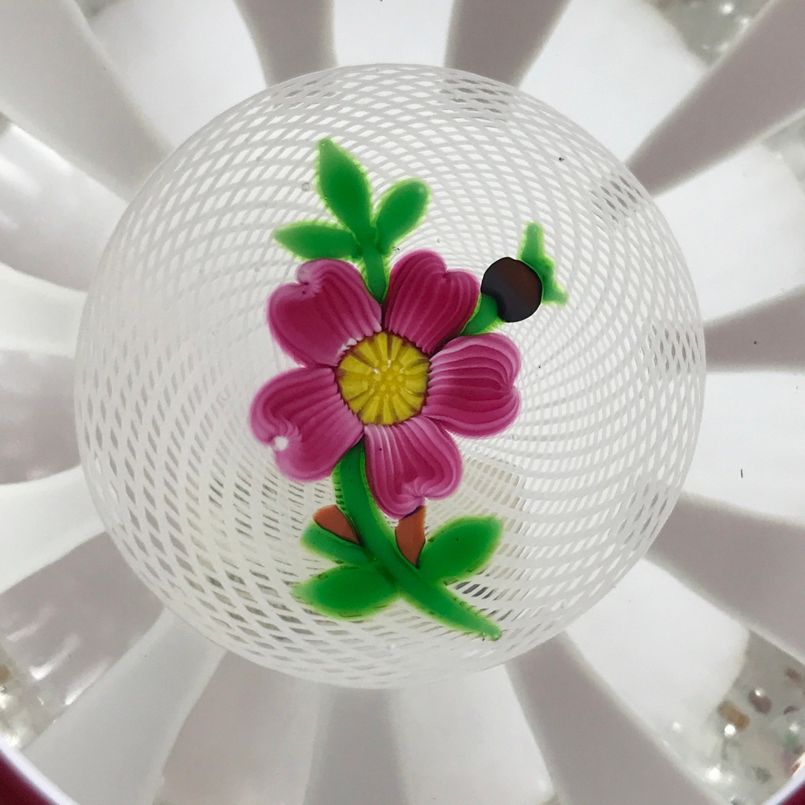 Perthshire 1984G Double Overlay Latticino Cushion Flower Faceted Paperweight