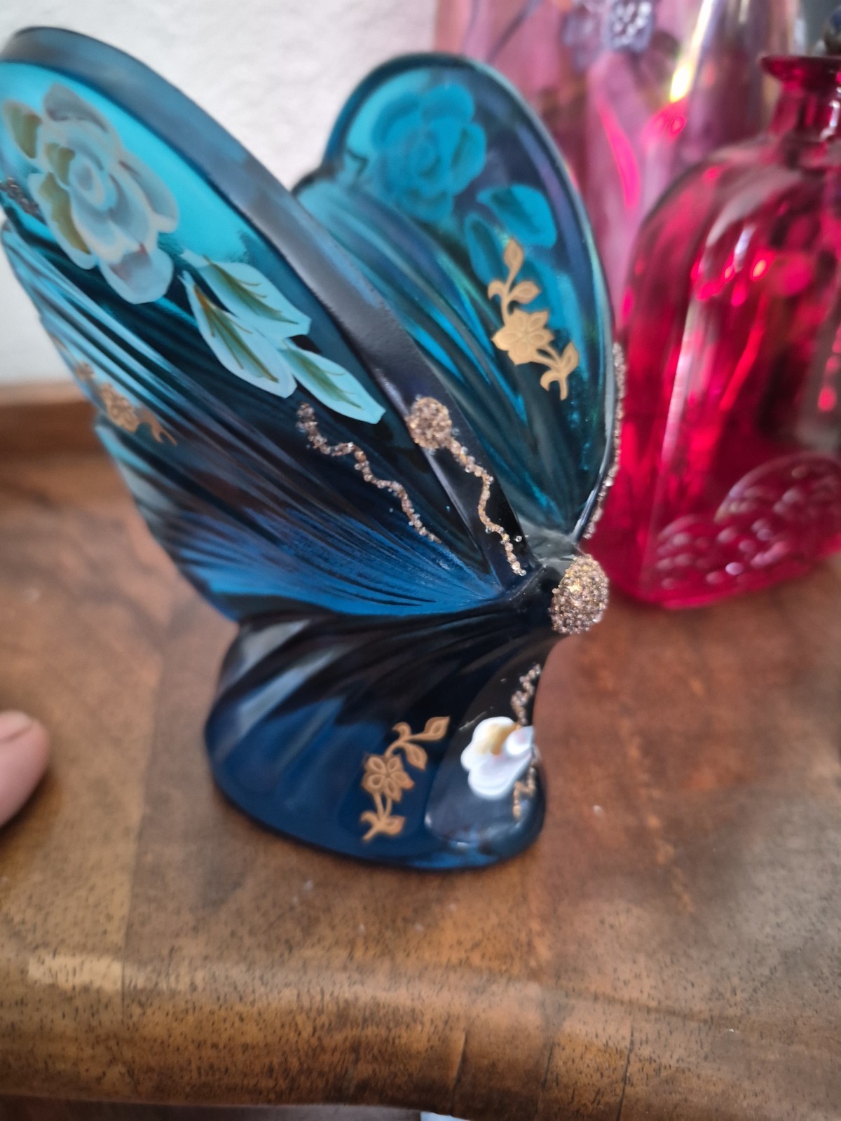 Fenton Turquoise Butterfly – Art Glass, Hand Painted & Signed by Artist