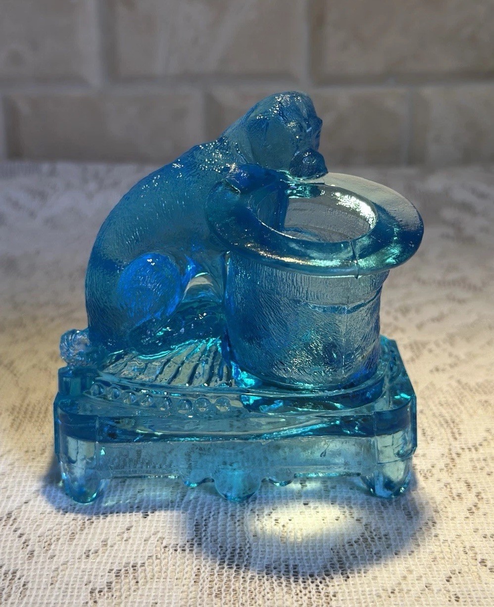 Antique Belmont Dog & Top Hat Toothpick Holder Blue Glass Figural 1887 EAPG