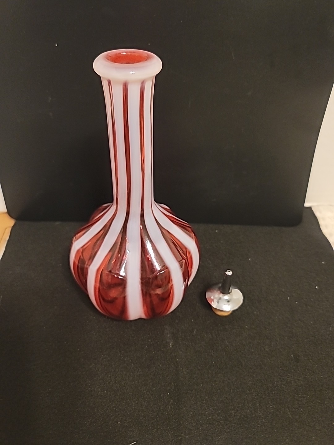 VINTAGE FENTON CRANBERRY OPALESCENT STRIPED GLASS BARBER BOTTLE