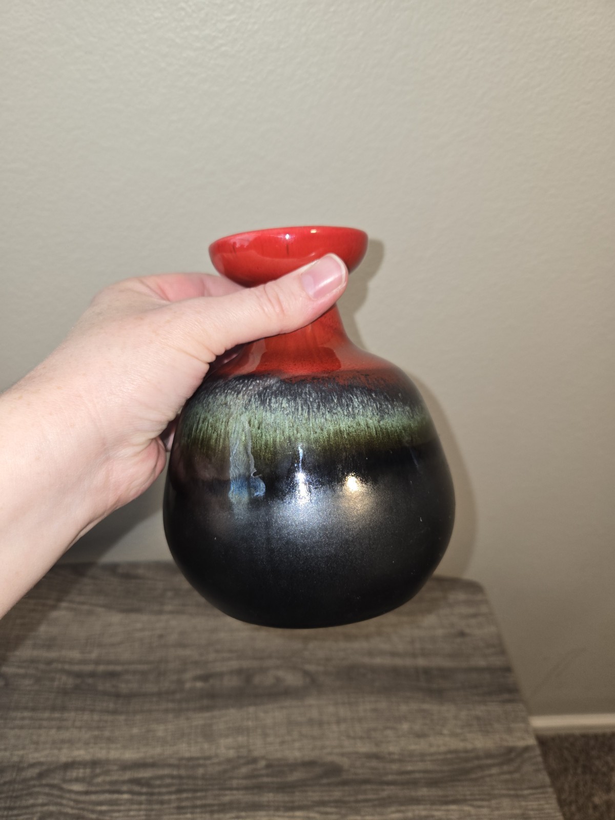 Hutschenreuther Style Fat Lava Bulbous Vase, Glossy Red, Green, And Black Matte
