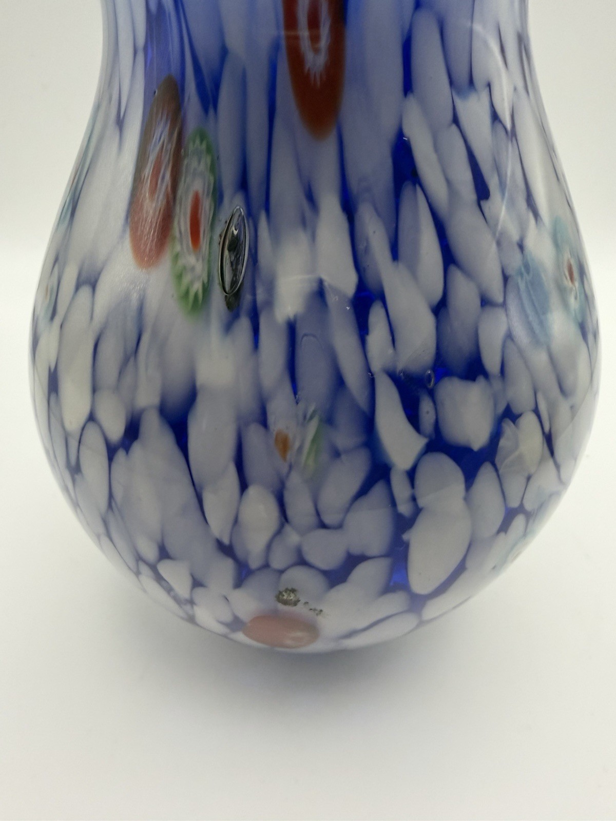 Hand Blown Art Glass Vase Blue & White Millefiori Confetti Vase 8”