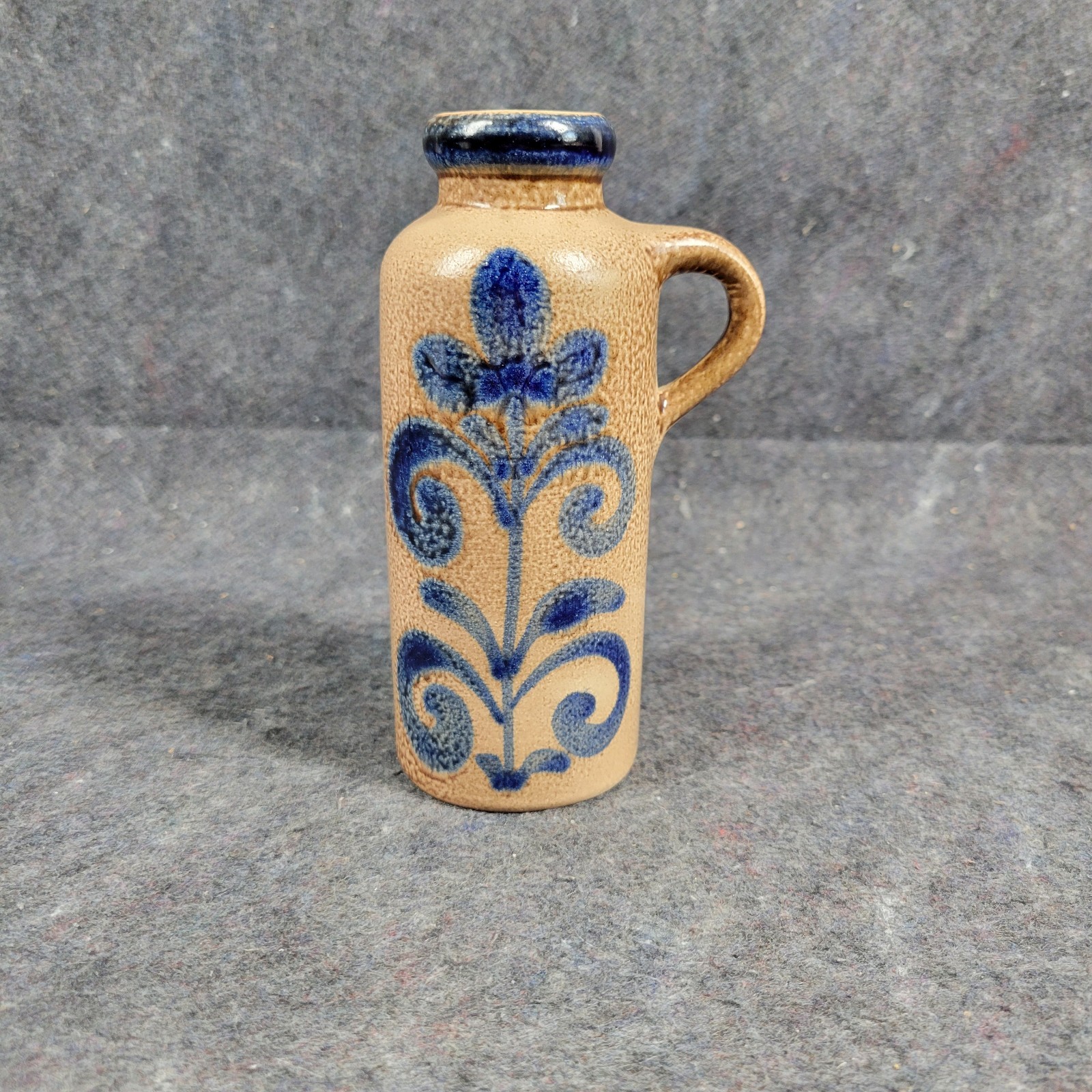 Stoneware Jug Vase 2.5″×6″ Folk Art Blue Floral Bottle With Handle, Numbered