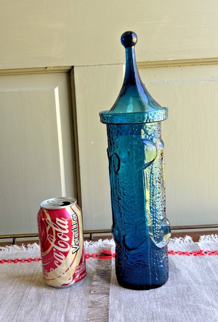Vintage MCM Wayne Husted Blue Glass 14” Lidded Apothecary Jar Peacock Design