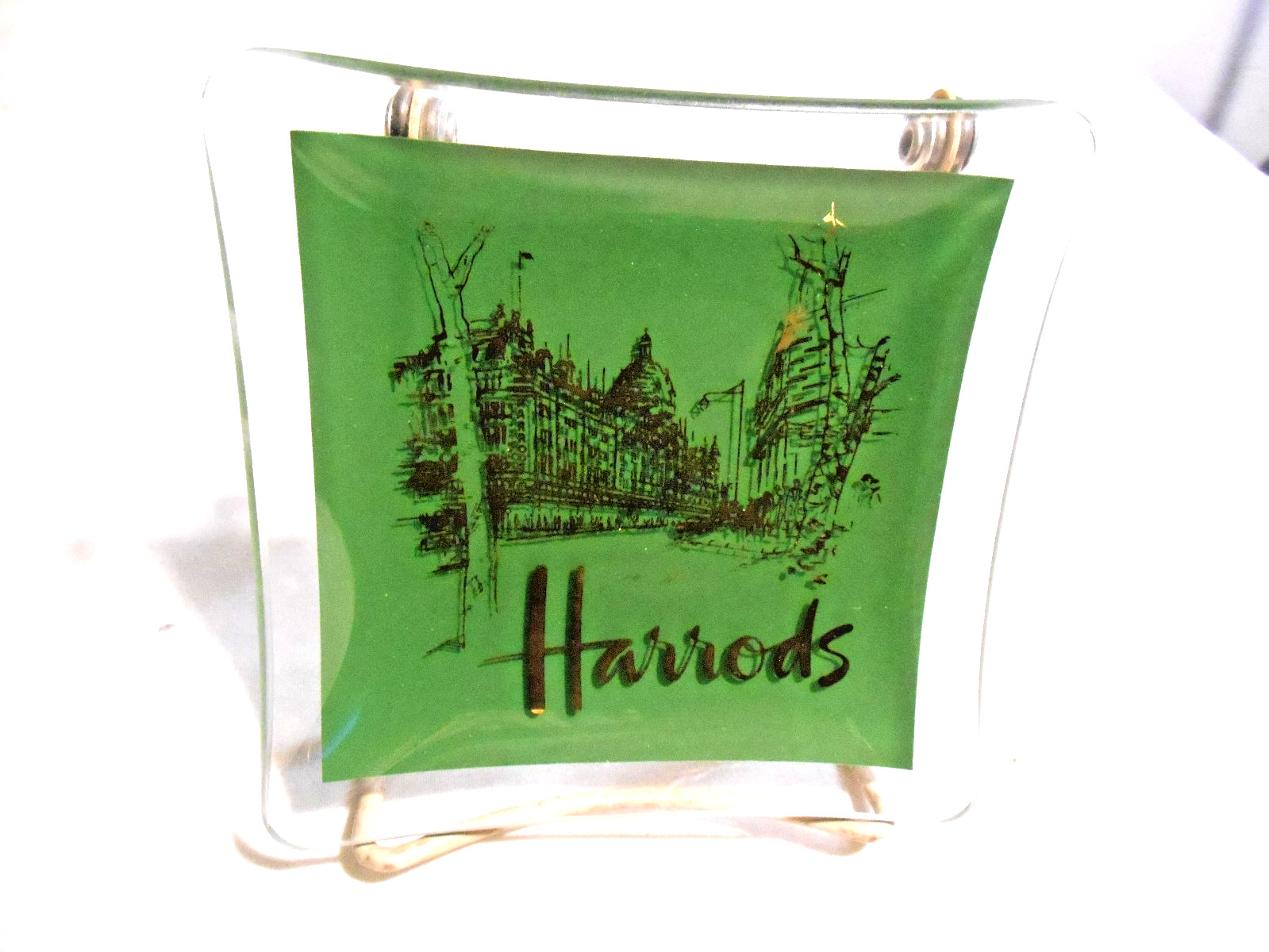 Vintage Harrods Knightsbridge Glass Trinket Tray Ashtray Green Gold 4.5 inches