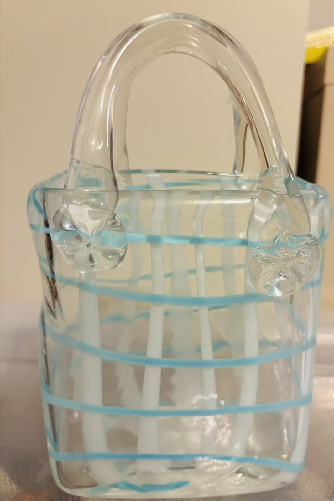 Murano-Style Blue and White Art Glass Hand-Blown Purse with Handles 7”H 5”W