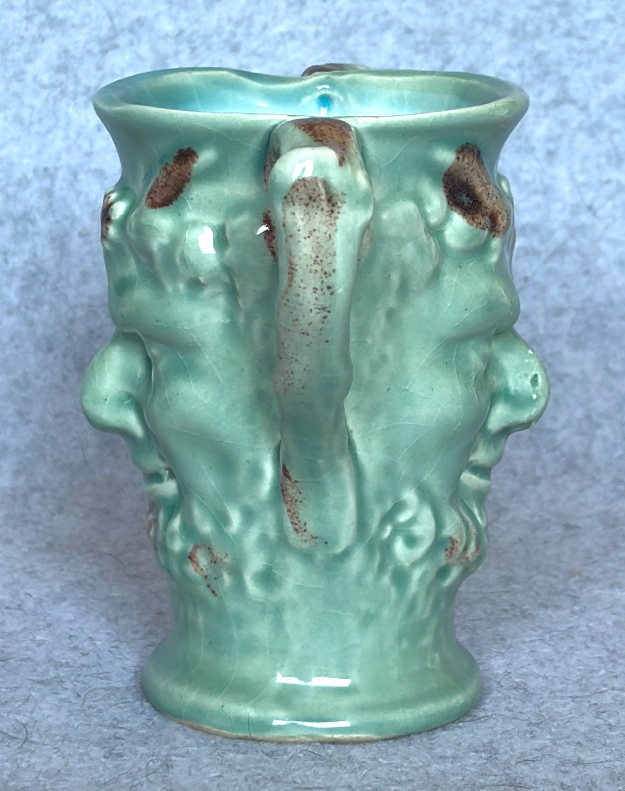 Antique Griffen, Smith & Hill Pottery Etruscan Majolica devil face vase 4″ EX!