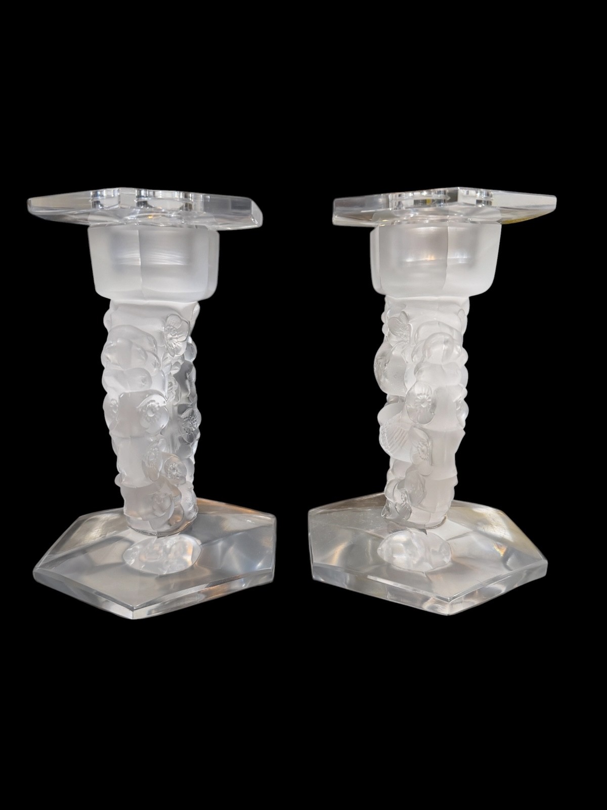 LALIQUE 2 MESANGES FROSTED CRYSTAL CANDLEHOLDERS BIRDS AMONG FLOWERS W/ BOBECHES