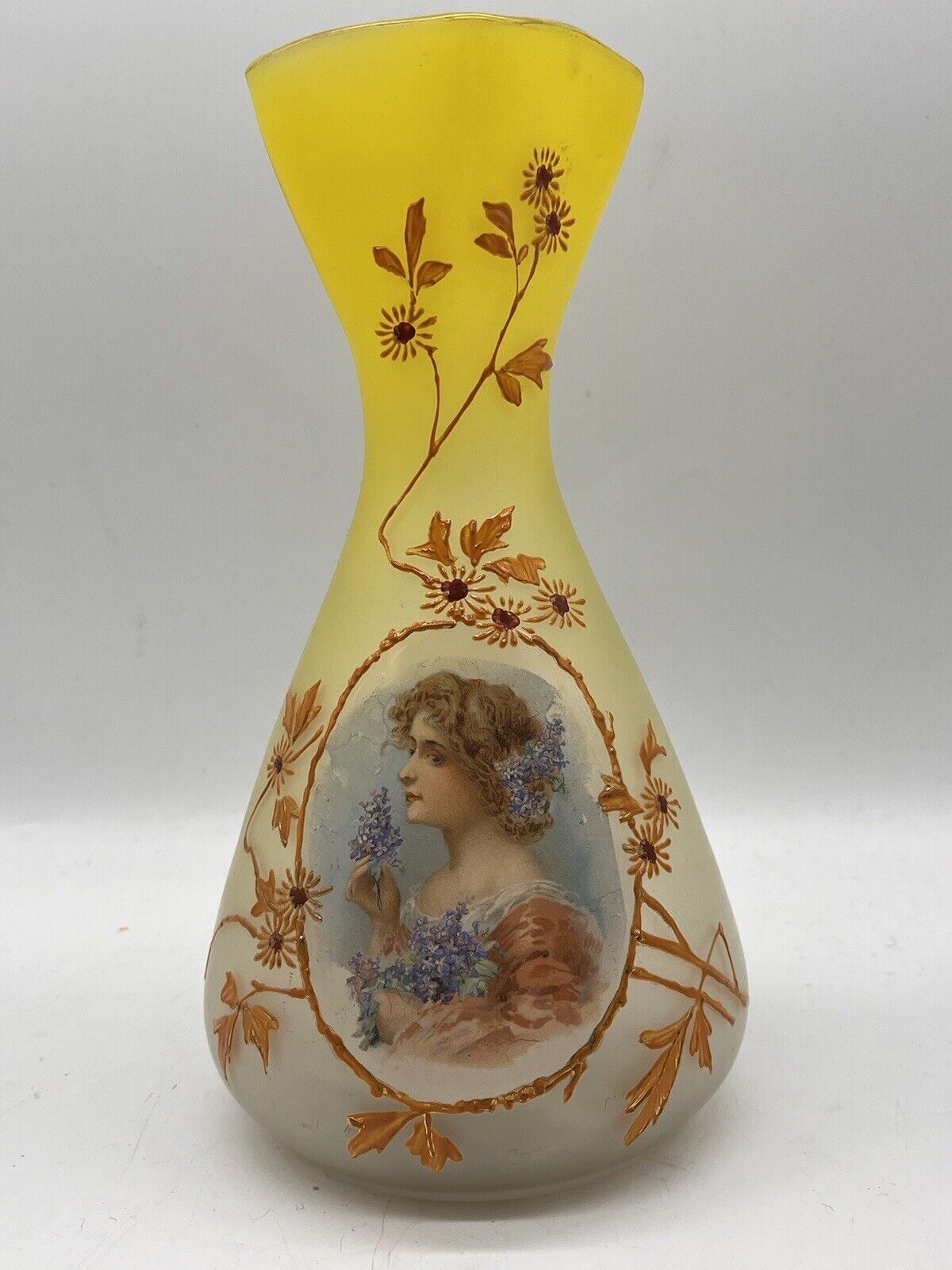 Antique Bohemian or French Glass Portrait Vase Enamel Victorian Flowers