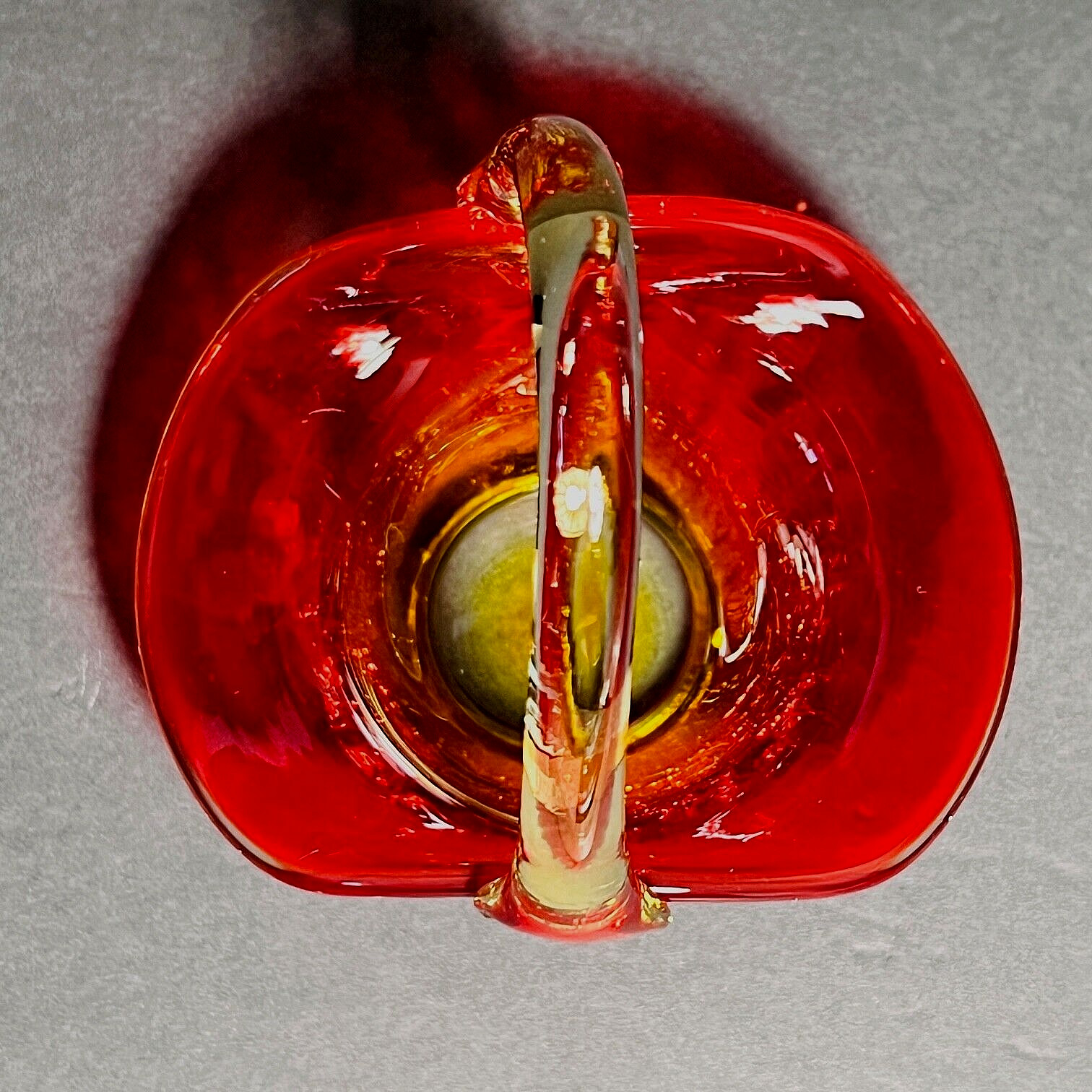 Vtg Kanawha Amberina Crackle Glass Basket 4 x 4 x 3.5″ Glows under blacklight