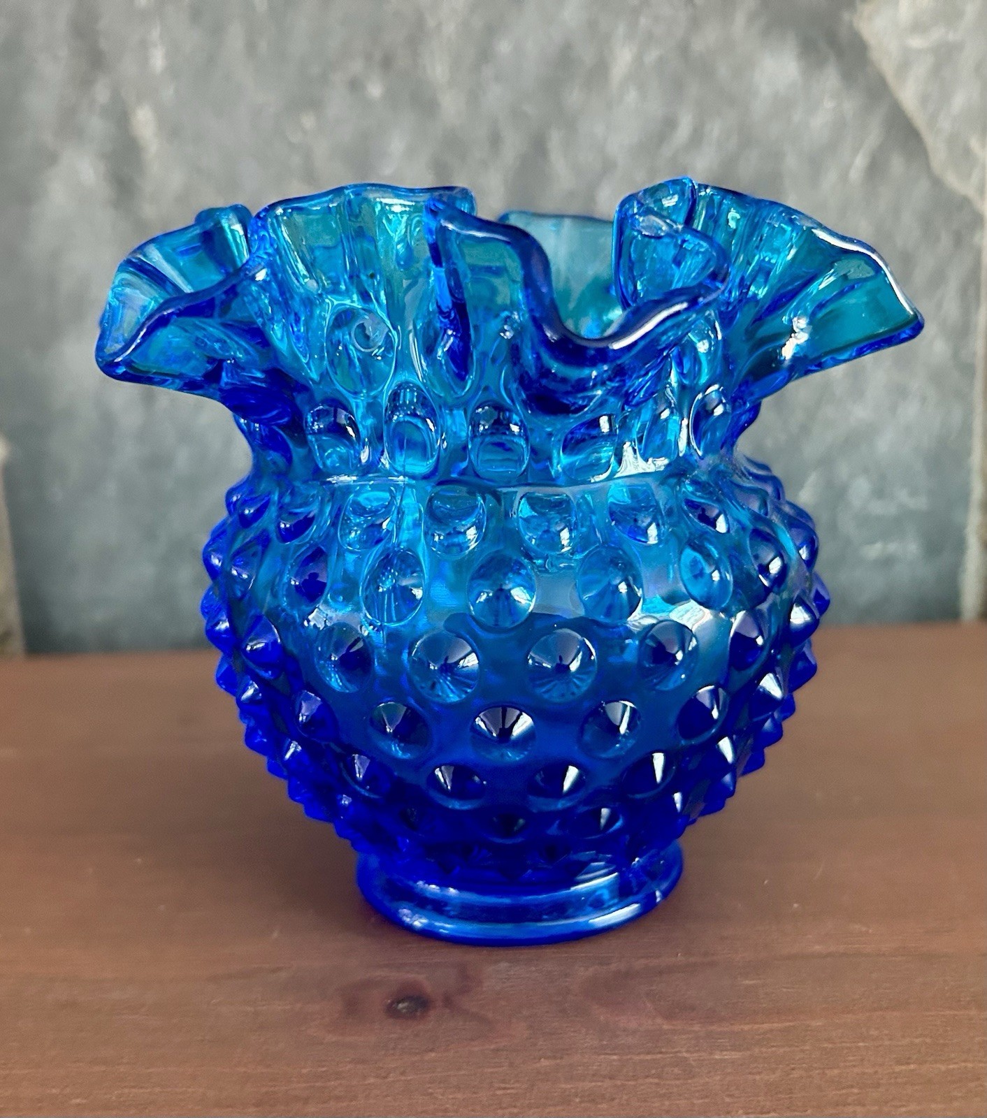 Fenton Colonial Blue Hobnail Glass Vase Double Crimped Rim Vintage 4″