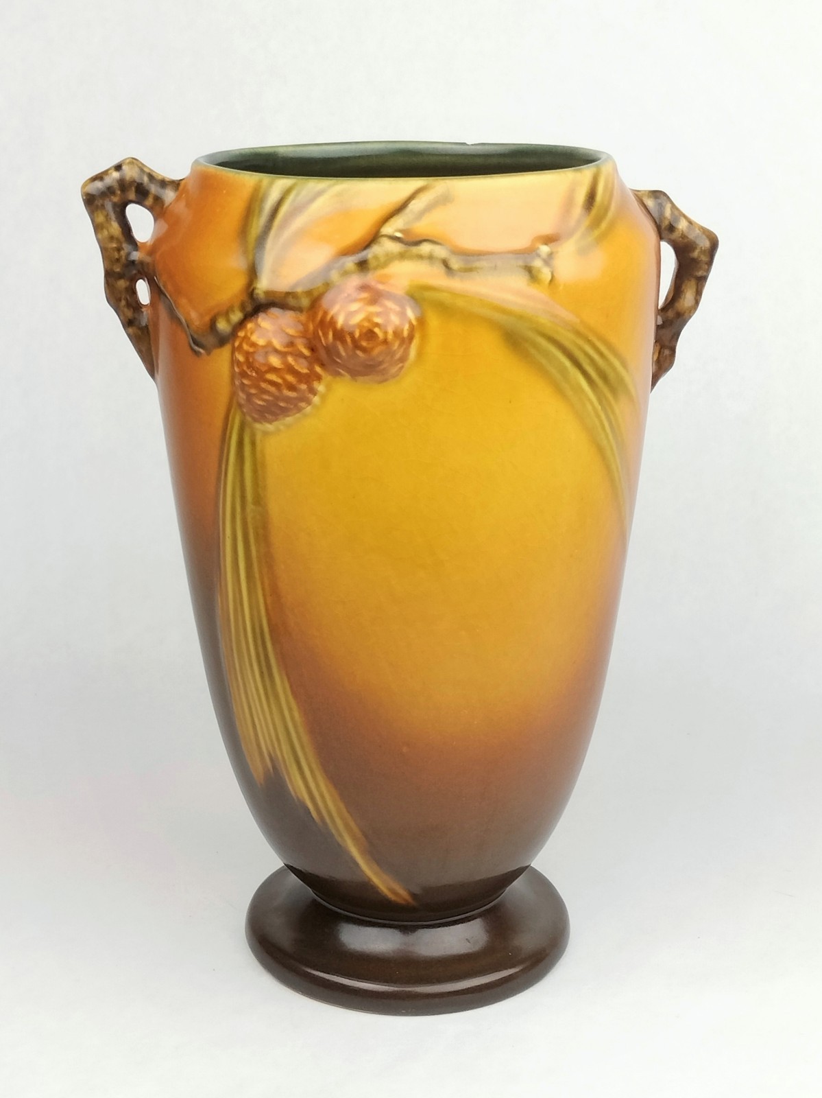Vtg 1930s ROSEVILLE PINE CONE Art Pottery Golden Brown Vase 709-10 FLAWS *READ*