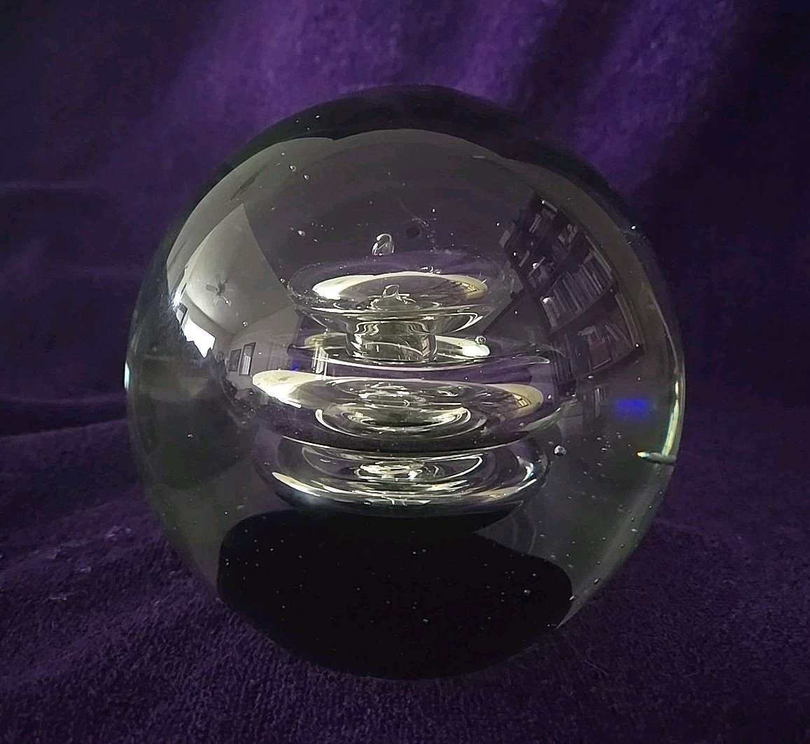 Hand Blown LARGE ART GLASS PAPERWEIGH Clear Swirl Controlled Bubbles Sphere Orb
