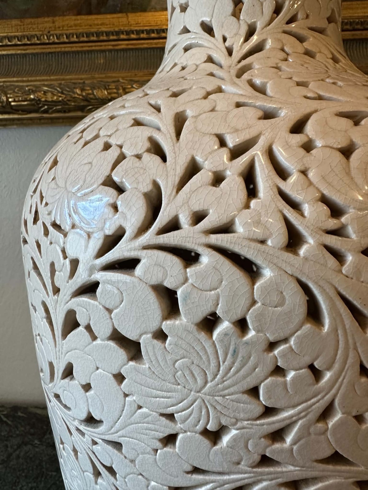 Large 22″ Chinese Pierced Reticulated Blanc De Chine Floor Vase White Ceramic