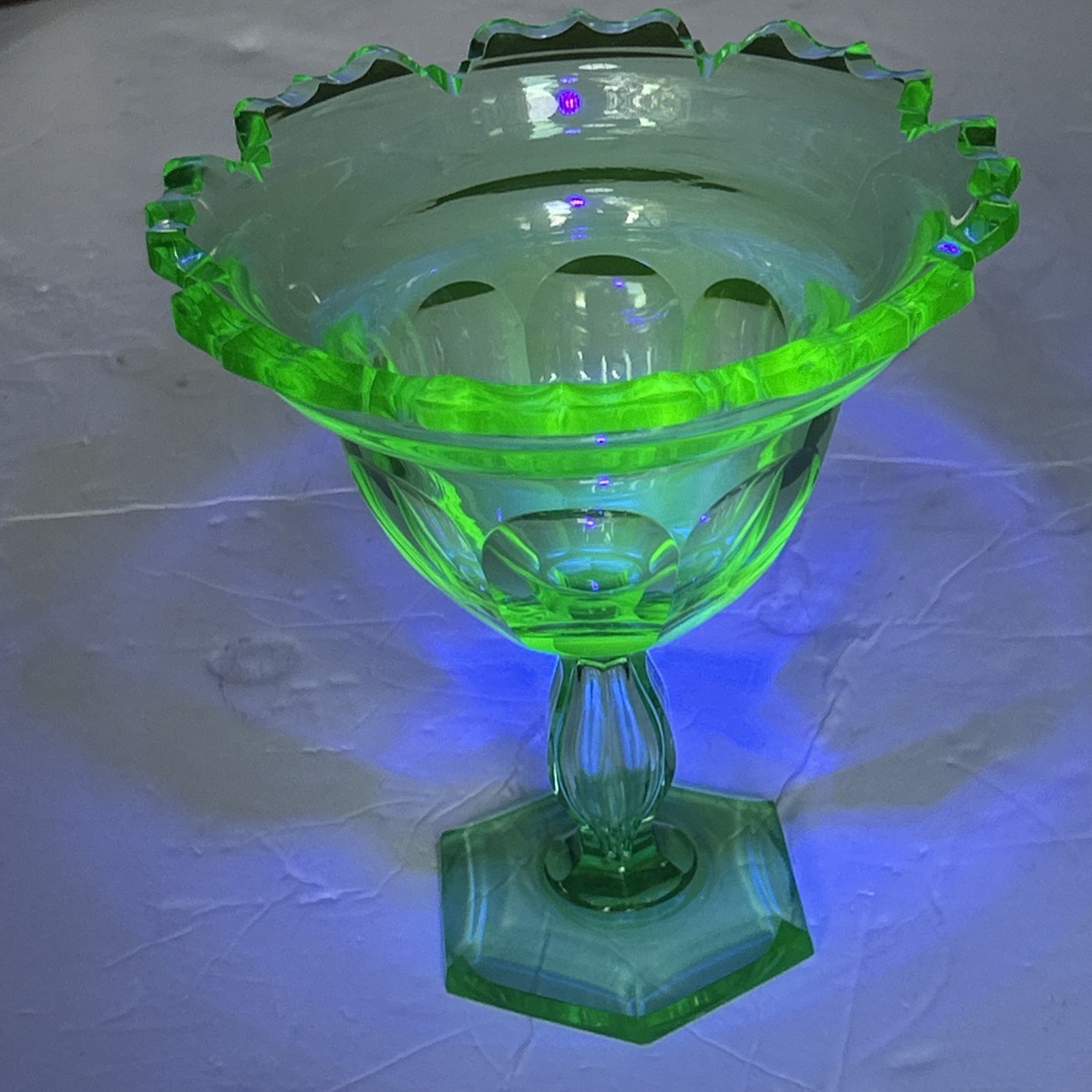Bohemian /German Glass Uranium Paneled Optic Ruffled Crimped Jelly Compote 7.25”
