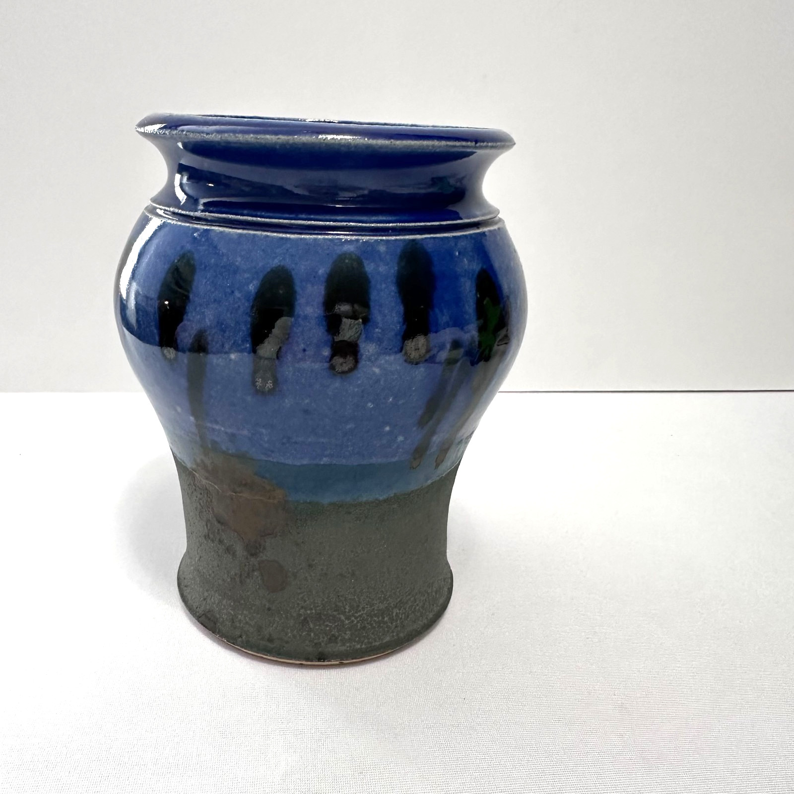 Handthrown Clay Pottery Vase by Signed Kevin Chance 8/97 Glazed Blue/Black/Gray